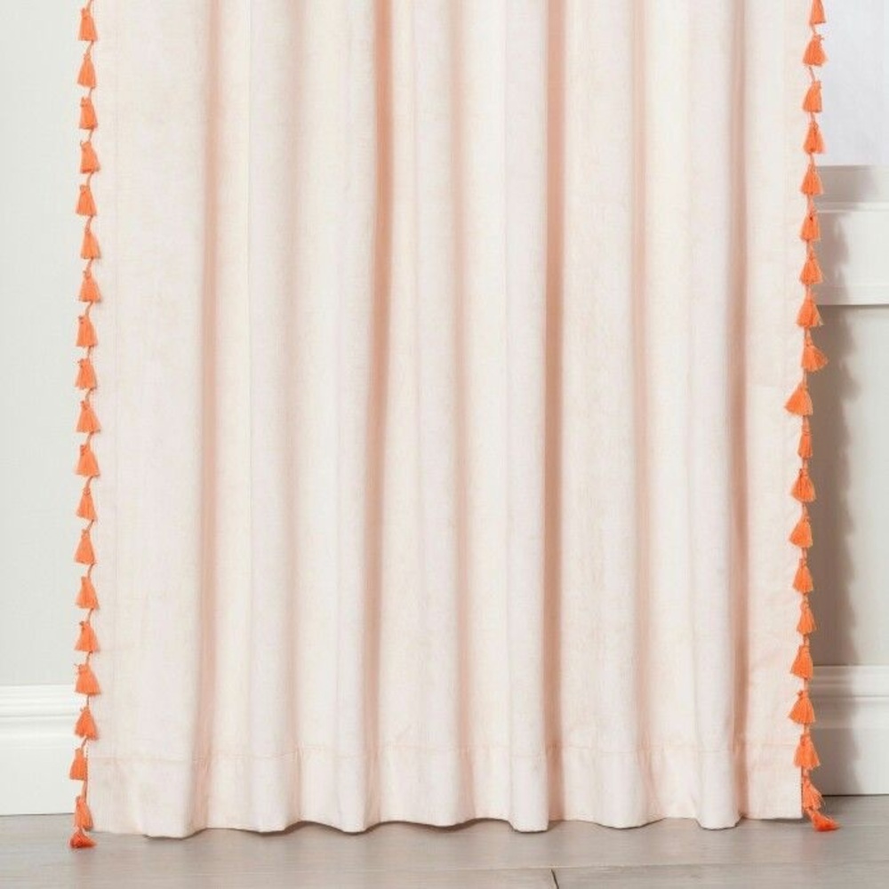 4 Opalhouse velvet tassel curtains in blush with coral pink tassels